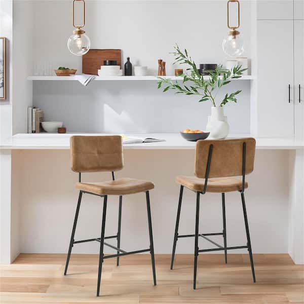 26 in. Blackburn Mid-Century Modern Cognac Faux Leather Counter Stool with Black Metal Frame (Set of 2)