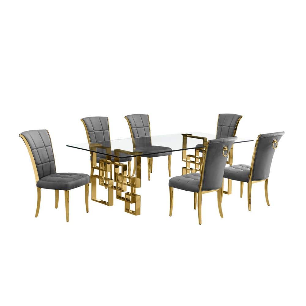 Best Quality Furniture Dominga 7Piece Rectangular Glass Top Gold