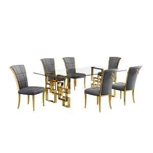 Dominga 7-Piece Rectangular Glass Top Gold Stainless Steel Dining Set with 6 Dark Grey Velvet Fabric Gold Chrome Chair