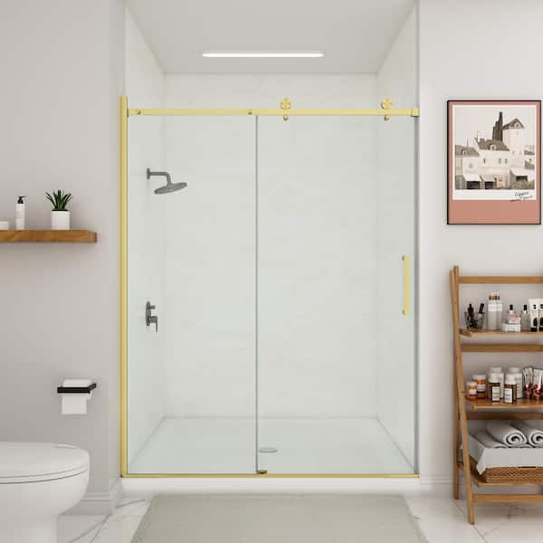 HOROW 59 in. W x 75 in. H Sliding Frameless Shower Door in Golden with 5/16 in. (8 mm) Clear Glass