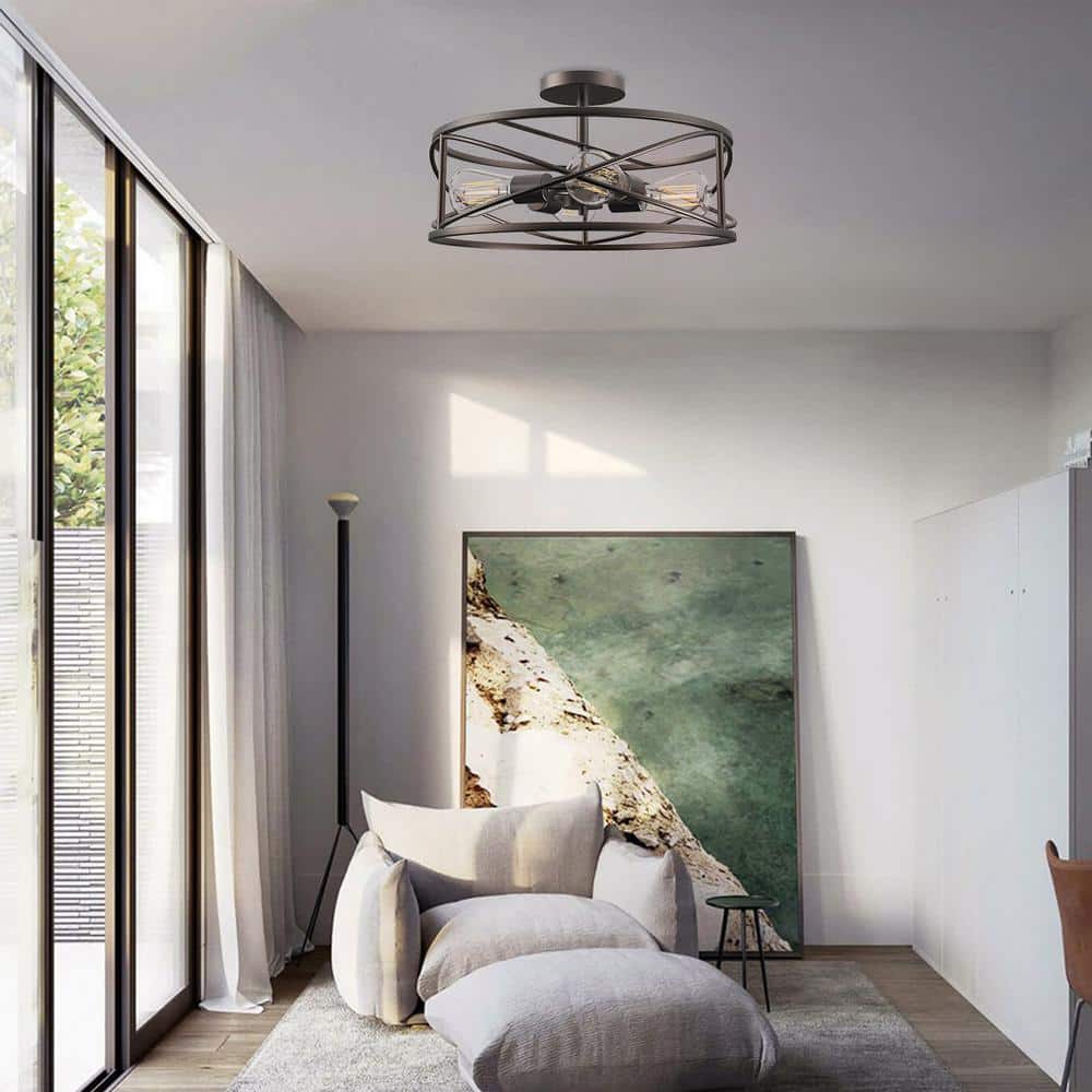 Defong 17'' Oil Rubbed Bronze 4-Light Caged Drum Semi Flush Mount