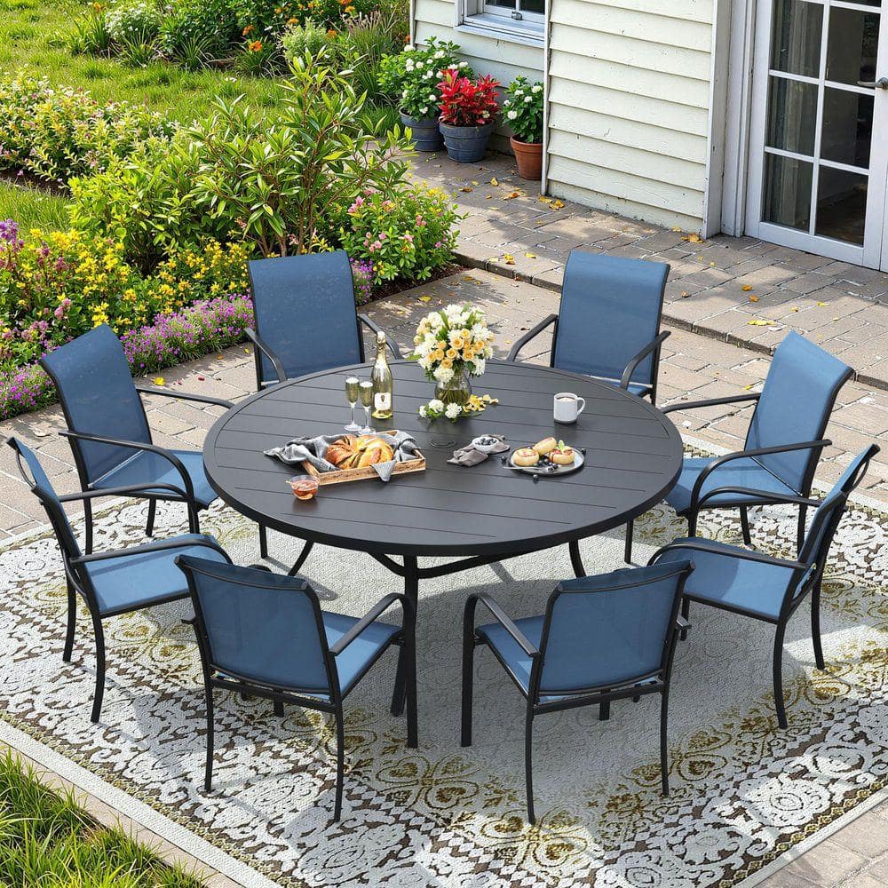 vicllax 9-Piece Metal Outdoor Dining Set with Black Round Table