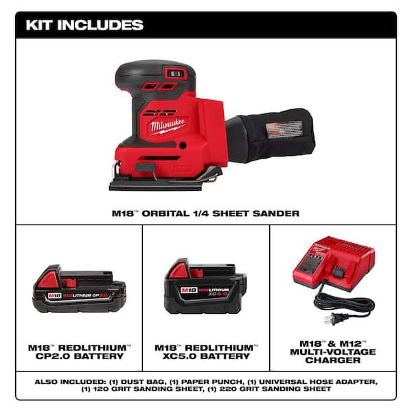 M18 18V Lithium-Ion Cordless 1/4 in. Sheet Sander w/One 5.0 Ah and One 2.0 Ah Battery and Charger