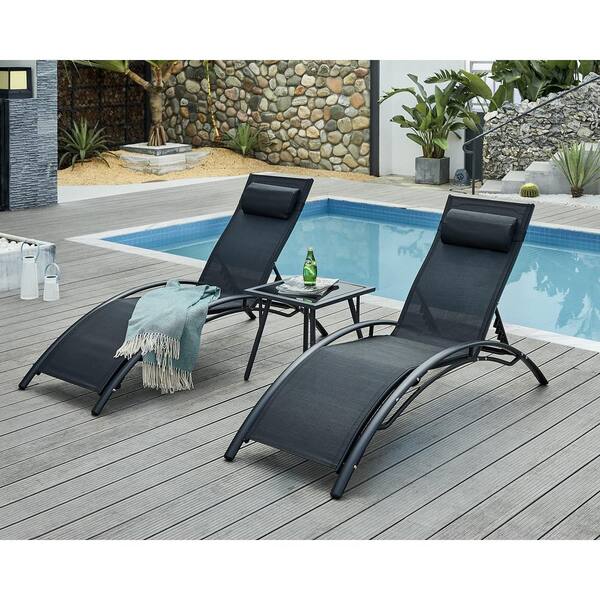 Zeus & Ruta Black Aluminum Wicker Outdoor Patio Lounge Chairs, Adjustable for All Weather for Beach Backyard