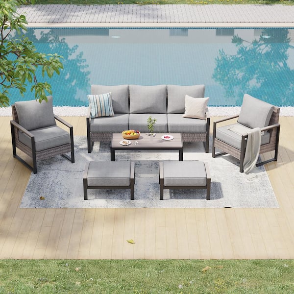 6 Pieces Patio Conversation Set Sofa Set with Coffee Table Gray PE Wicker with Linen Grey Cushion