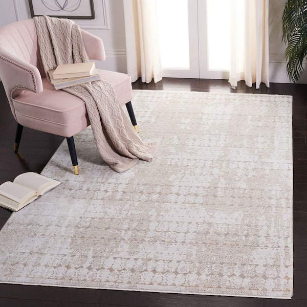 Webster 7 ft. x 7 ft. Beige/Gray Distressed Ornate Zig-Zag Square Area Rug