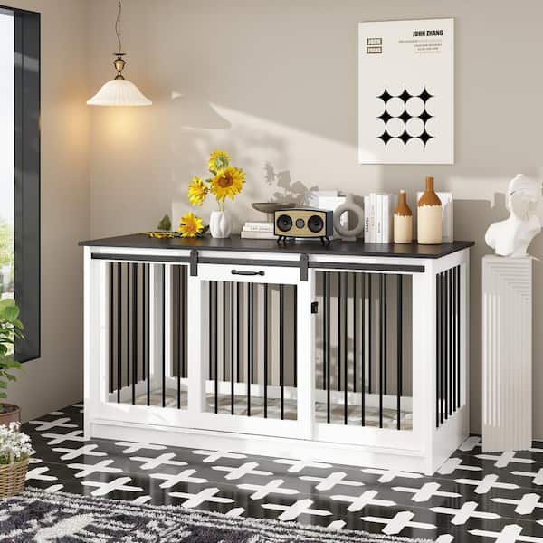 Wooden Large Dog Crate, Heavy Duty Dog Kennel with Sliding Door for Large Medium Small Dog, White