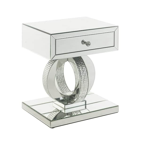 Acme Furniture Ornat 18 in. Mirrored Rectangle Mirror End Table with 1-Drawer