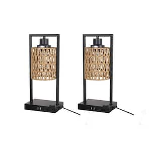 15 in. H Black Charging Rattan Table Lamps with AC Outlet and 2 USB Ports, Lamp Woven Shade,2 Bulbs Included (Set of 2)