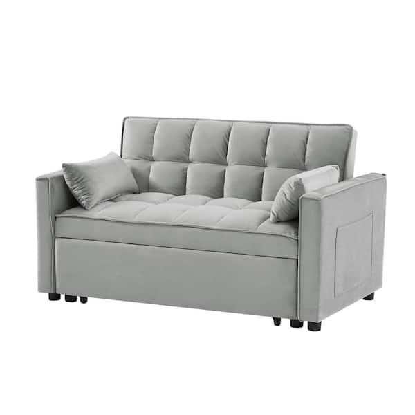 anpport 55 in. W 3-in-1 Convertible Velvet Sleeper Sofa Bed with 2 Pillows, Gray, 2-Seater Loveseat