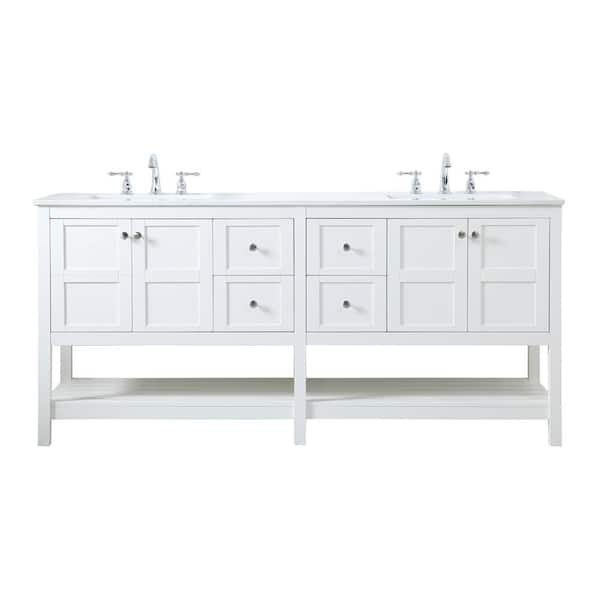 Unbranded Timeless Home 72 in. W x 22 in. D x 34 in. H Double Bathroom Vanity in White with White Engineered Stone and White Basin