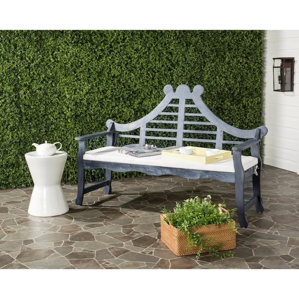 Azusa 62.8 in. 3-Person Ash Gray Acacia Wood Outdoor Bench with Beige Cushions