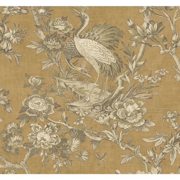 60.75 sq. ft. Metallic Hazelnut Alice Crane Toile Paper Unpasted Wallpaper Roll