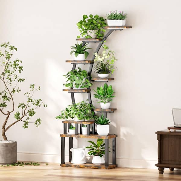 Unbranded 64 in. H Brown Specialty Wood 9 Tier Indoor Plant Stand with 5 Grow Light Adjustable Lighting 10-Level Dimming & 3 Timer