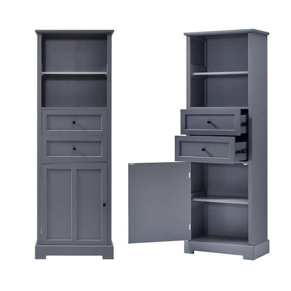 Cesicia 22 in. W x 12 in. D x 66 in. H Gray MDF Freestanding Bathroom Linen Cabinet with Adjustable Shelf & Anti-Toppling Device