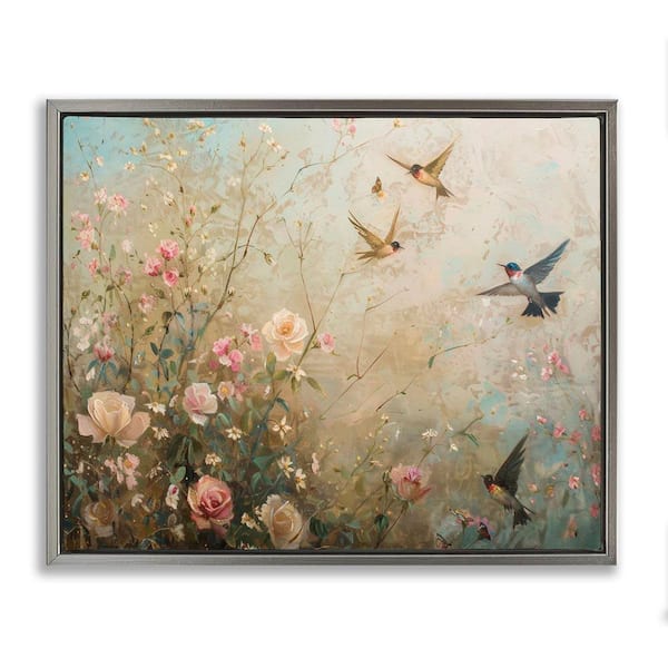 Stupell Industries Spring Meadow Birds by Arlington Prints Gray Floater Frame Nature Graphic Art Print 17 in. x 21 in.
