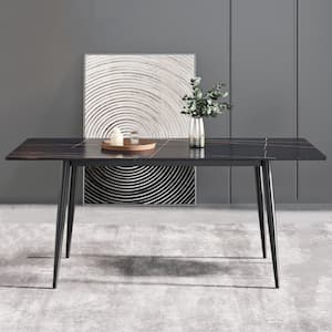 70.87 in. Black Sintered Stone Tabletop with 4 Black Metal Legs Dining Table (Seats 6)