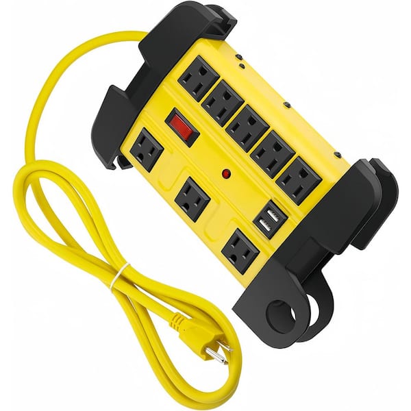 10 ft. Extension Cord 8-Outlets Heavy Duty Power Strip Surge Protector in Yellow with USB Ports and Wide Spaced Outlets