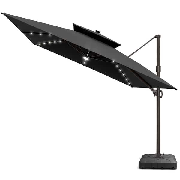 Pellebant 11 ft. 2-Tier Metal Square 360° Rotation Outdoor Cantilever Patio Umbrella with Base with LED Lights in Black