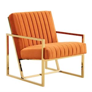 Montgomery Orange Marmalade Modern Upholstered Velvet Pinstripe Design Accent Armchair with Gold Frame