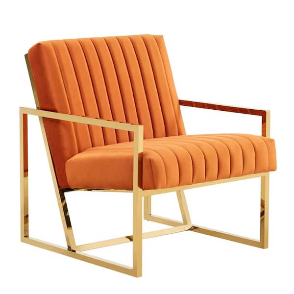 Leisuremod Montgomery Orange Marmalade Modern Upholstered Velvet Pinstripe Design Accent Armchair with Gold Frame