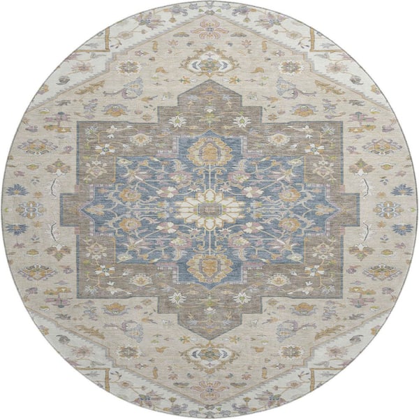 Mayfield Premium Machine Washable Abstract AMF2533 Ivory 8 ft. x 8 ft. Round Rug