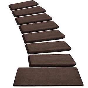 Plush Dark Brown 9.5 in. x 30 in. x 1.2 in. Bullnose Polyster Carpet Stair Tread Cover Landing Mat Tape Free Set of 15