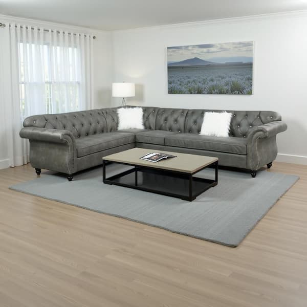 Benjara Leatherette 35.0 in. Rolled Arms 4-Piece Faux leather Sectional Sofa in. Gray with Crystal Tufted Back