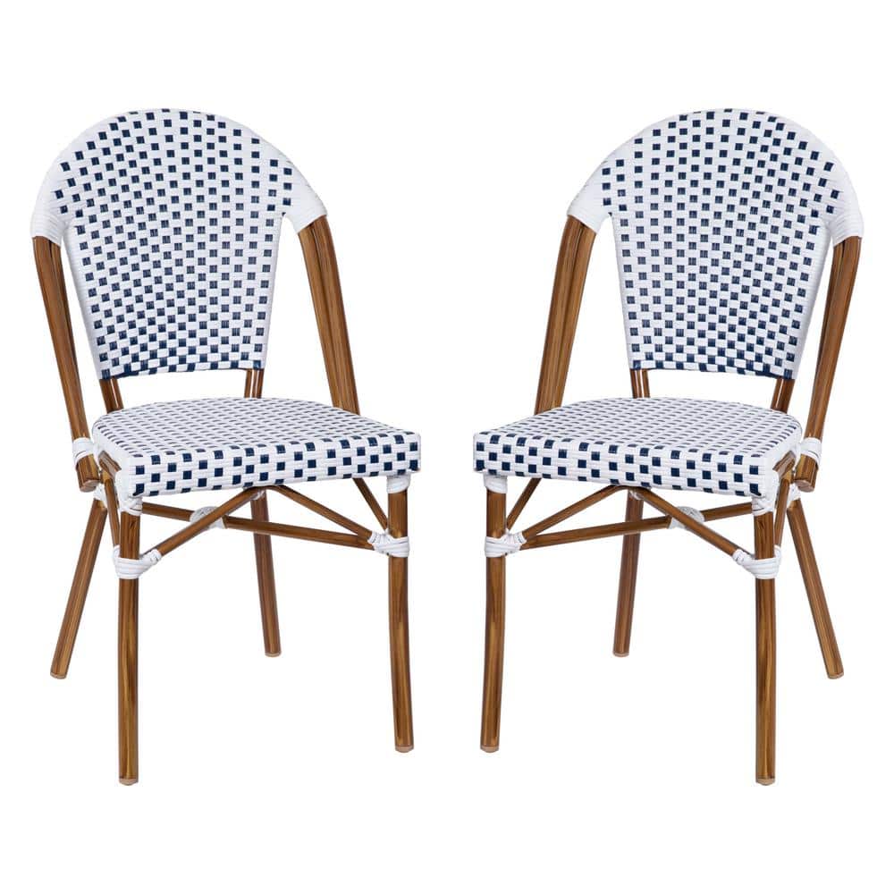 White and Navy Checkered PE Rattan Armless Side Chairs