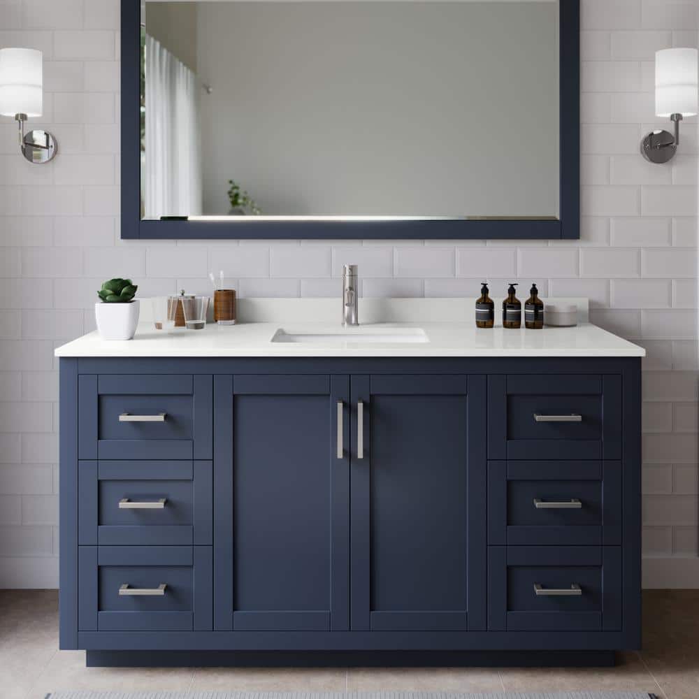 Miranda 60 in. W x 22 in. D x 33.75 in. H Single Bath Vanity in Dark Blue with White Quartz Top and 58 in. Mirror price history on PriceWatchPro