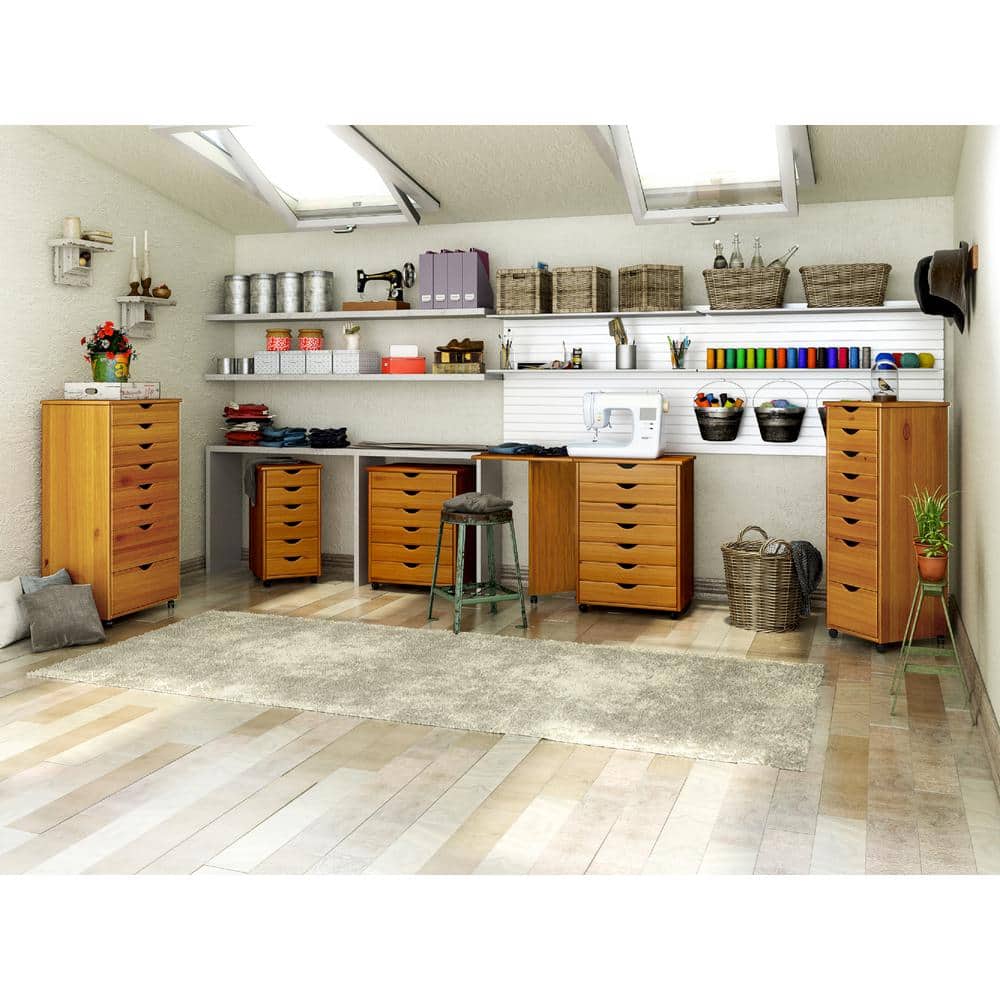 Medium Pine Solid Wood 7-Drawer Rolling Craft Desk