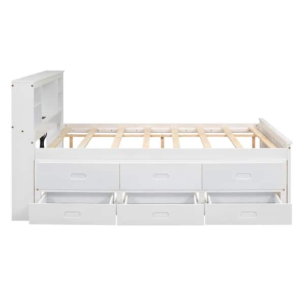 White Wood Frame Full Size Platform Bed ith Storage Headboard, USB, Twin Size Trundle and 3-Drawers
