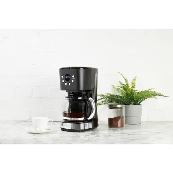 12-Cup Black and Chrome Retro Style Drip Coffee Maker with Strength Control and Timer