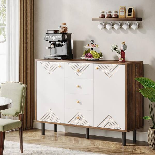 BYBLIGHT White Brown Engineered Wood 47 in. Buffet Sideboard Cabinet with 4 Drawers and Storage Shelves BB XK0579GX