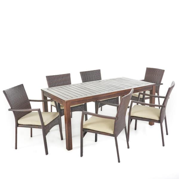 Emmy 7-Piece Wood and Faux Rattan Outdoor Patio Dining Set with Crme Cushion