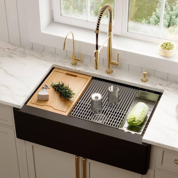QAWS- 740 Quartz 34 in. Single Bowl Farmhouse Apron Front Workstation Kitchen Sink in Black