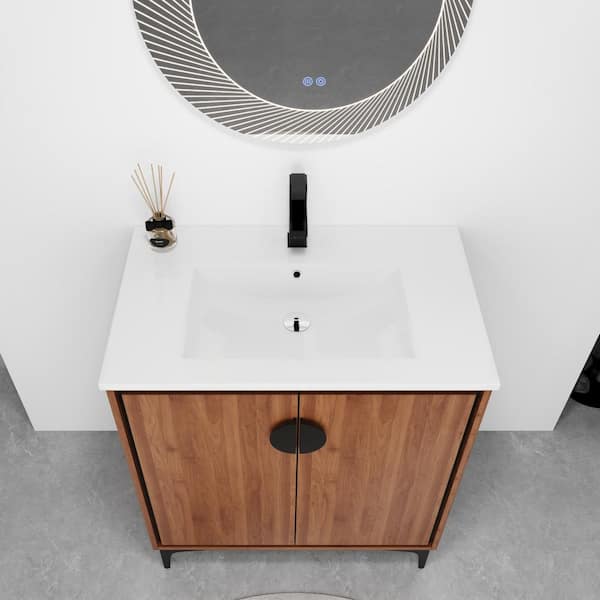 OLUMAT 30 in. W x 18 in. D x 33.8 in. H Single Sink Bath Vanity in Dark Oak with White Ceramic Top