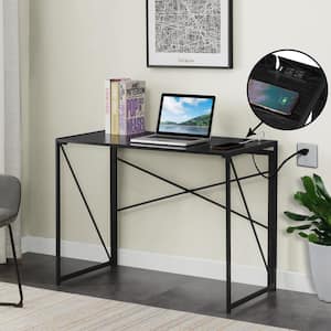 Xtra 39.5 in. Rectangular Black Particle Board/Metal Foldable Writing Desk with Charging Station