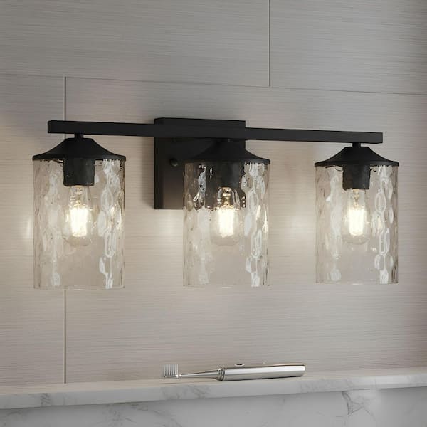 23 in. 3-Light Matte Black Modern Bathroom Vanity Light with Clear Hammered Glass Shades, Wall Mount Fixture