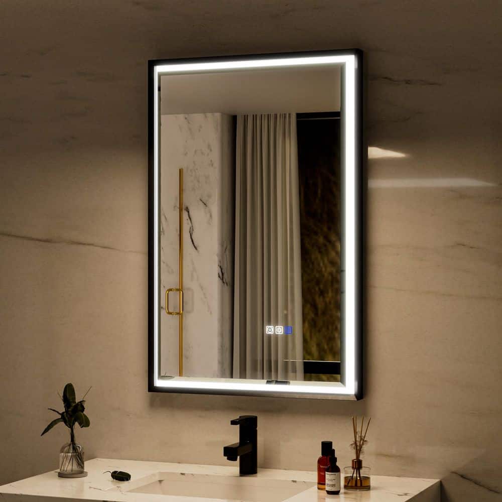 Bevel 22 in. W x 34 in. H Rectangular Framed LED Dimmable Anti-Fog Wall Bathroom Vanity Mirror in Black price history on PriceWatchPro