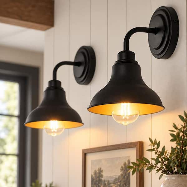7 in. 1-Light Black Barn Light Wall Sconce, Damp Rated, 2-Pack