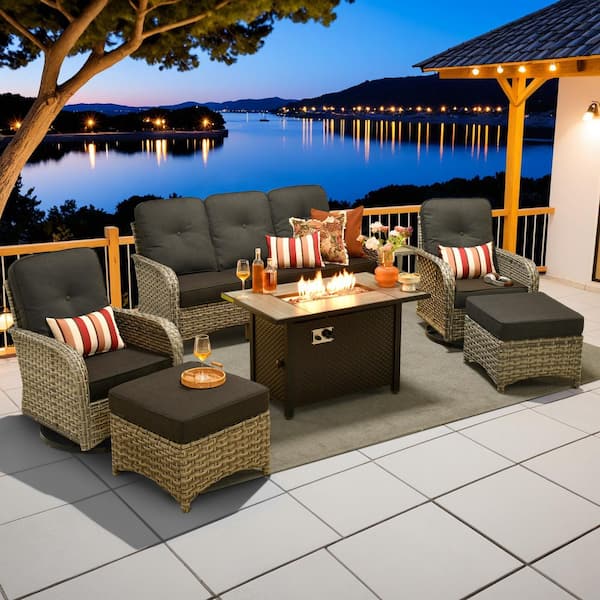 Vinceny Gray 7-Piece Wicker Patio Rectangle Fire Pit Conversation Set with Black Cushions and Swivel Chairs