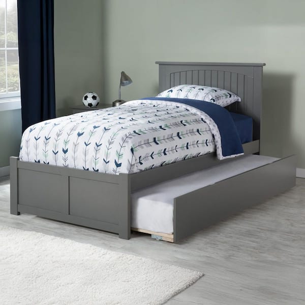 Nantucket Twin Platform Bed with Flat Panel Foot Board and Twin Size Urban Trundle Bed in Grey