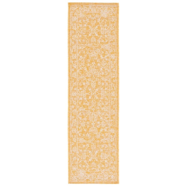 SAFAVIEH Courtyard Gold/Ivory 2 ft. x 8 ft. Border Floral Scroll Indoor ...