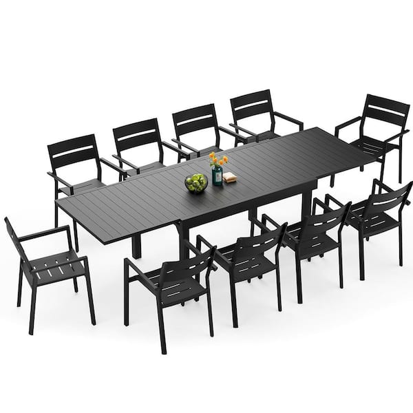 11-Piece Aluminum Outdoor Dining Set for 8-10 with a 106.2 in. Extendable Table and 10-Stackable Armchairs in Black