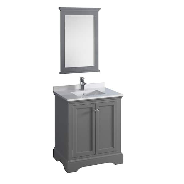 Fresca Windsor 30 in. W Traditional Bathroom Vanity in Gray Textured Quartz Stone Vanity Top in White with White Basin, Mirror