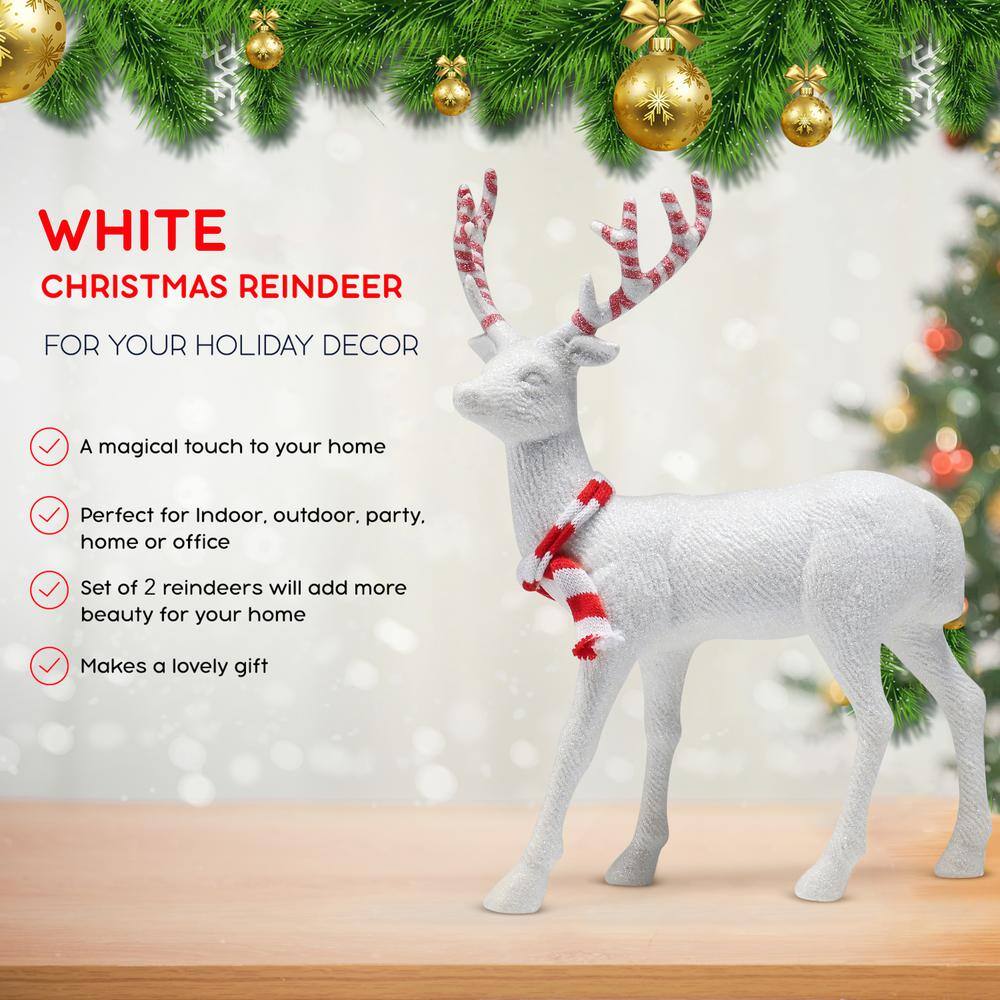 White Glitter Reindeer Figurine with Red Antlers and Scarf, 14"