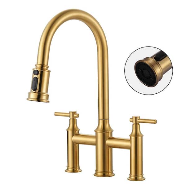 Brass Double Handles High Arc Bridge Kitchen Faucet with 3-Spray Modes Pull Down Sprayer and in Brushed Gold