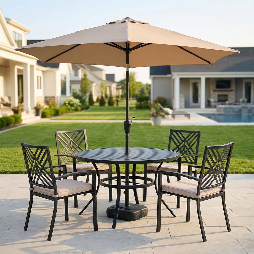7-Piece Metal Outdoor Dining Set with Umbrella and Cushions, Stackable Chairs and Table for Garden, Beige price history on PriceWatchPro
