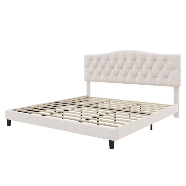 Beige Wood Frame King Size Linen Upholstered Platform Bed with Saddle Curved Diamond-Tufted Headboard